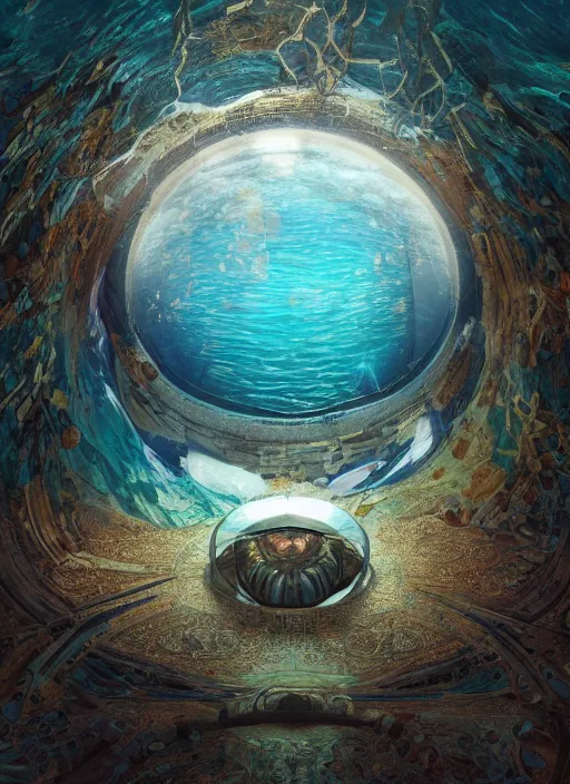 Image similar to masterpiece artwork of a underwater dome inside the ocean, au naturel, hyper detailed, digital art, trending in artstation, cinematic lighting, studio quality, smooth render, unreal engine 5 rendered, octane rendered, art style by klimt and nixeu and ian sprigger and wlop and krenz cushart