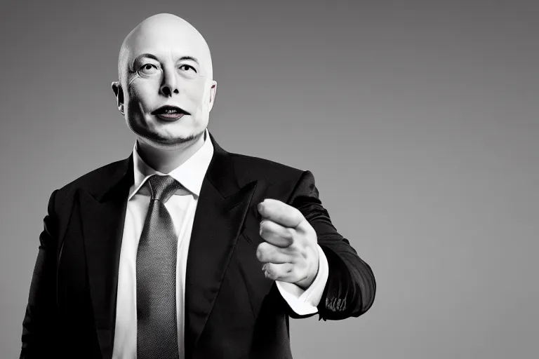 Image similar to a bald elon musk as lex luther. photograph portrait. black &white.