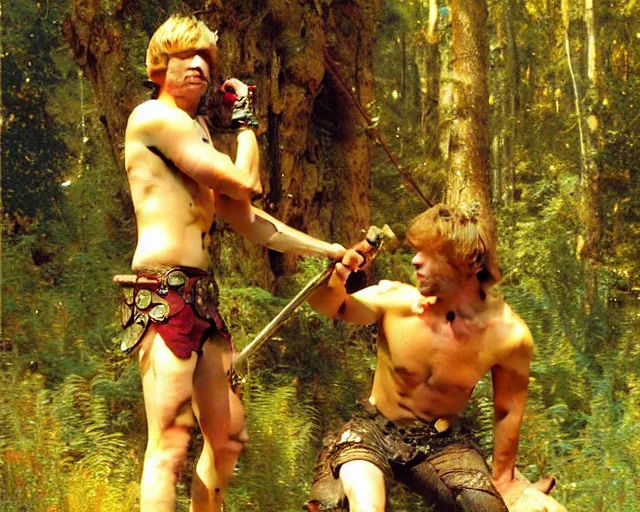 Prompt: attractive arthur pendragon shirtless but wearing pants with his attractive knight. the knight is also wearing pants. they are hiding in a forest. highly detailed painting by gaston bussiere, craig mullins, j. c. leyendecker