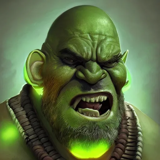 Image similar to Portrait of a warcraft orc, green skin, black beard, bald, fierce and wild look, mattepainting concept Blizzard pixar maya engine on stylized background splash comics global illumination lighting artstation lois van baarle, ilya kuvshinov, rossdraws