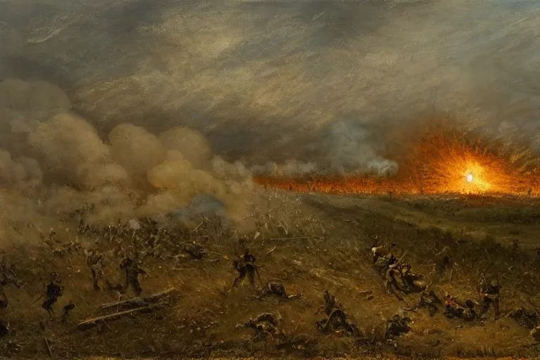 Image similar to american civil war trench battle, huge explosions everywhere, clouds of smoke, in the style of jean - francois millet