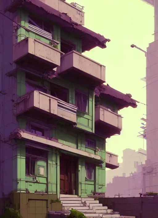 Image similar to highly detailed building villa style in urban area architectural concept in foucs mod by atey ghailan, james gilleard, by joe fenton, by greg rutkowski, by greg tocchini, by kaethe butcher, 4 k resolution, gradient purple, brown black and white color scheme!!! ( ( green flaming robotic sewer background ) )