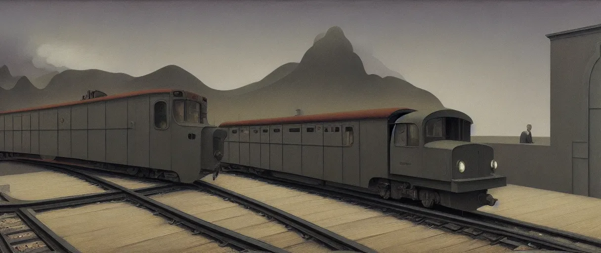 Prompt: train engine, Edward Hopper and James Gilleard, Zdzislaw Beksinski, Mark Ryden, Wolfgang Lettl highly detailed