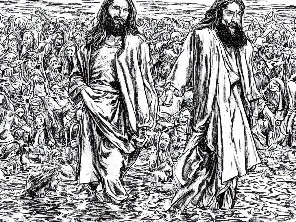 Prompt: jesus walking on water, drawing by alan moore,