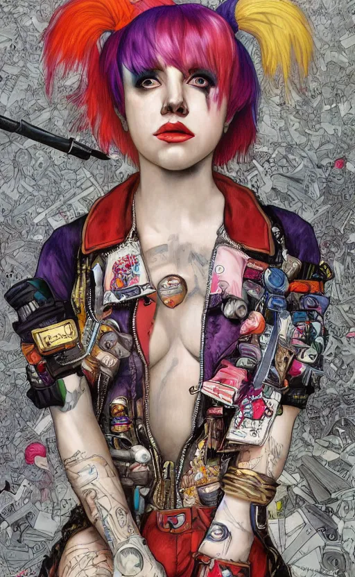 Prompt: an hyperrealistic hyperdetailed pastel portrait illustration by alphons mucha of hayley williams as harley quinn highly detailed eyes wearing streetwear clown pilot suit lots of zippers, pockets, synthetic materials, jumpsuits by issey miyake and balenciaga 8 k
