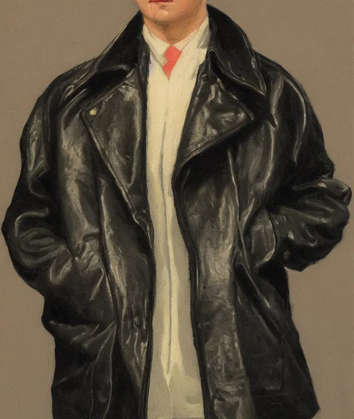 Image similar to a very detailed portrait of a man wearing an 8 0 s jacket with big shoulder pads, very aesthetic leather jacket, detailed closeup of leather jacket, front view, in the style of edward hopper and oswald hornby joseph birley and susan ryder, very small brushstrokes, 4 k,