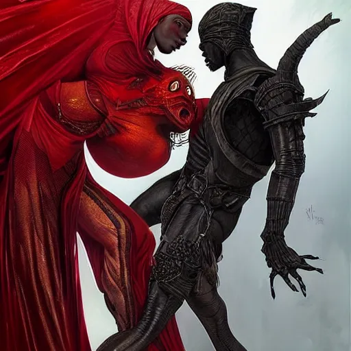 Image similar to a photograpic portrait of a black man dancing with a female devil wearing red clothes, Dark souls themed, fantasy, intricate, elegant, highly detailed, digital painting, artstation, concept art, smooth, sharp focus, illustration, art by artgerm and H R Giger and alphonse mucha