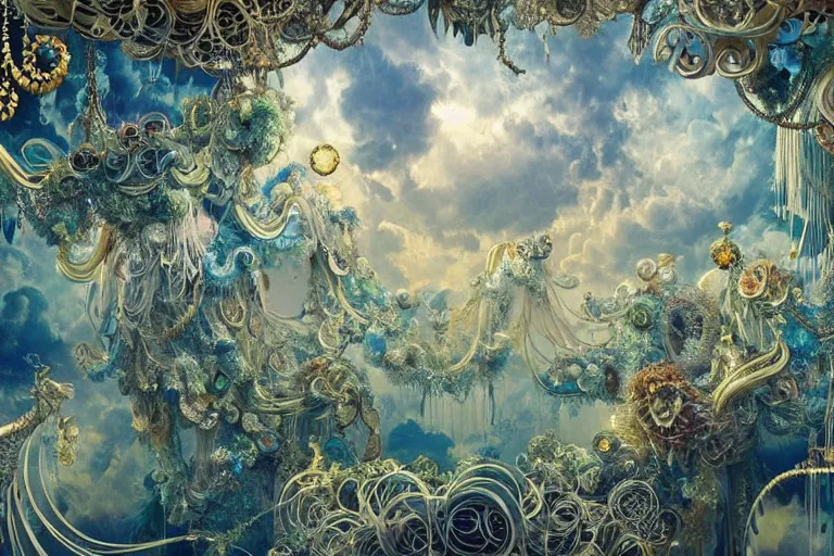 Image similar to a huge flock of many ornate intricate puffy filigreed clouds tangled into large whirling ultra detailed crystal specimens, art nouveau jungle environment, playful, award winning art, epic dreamlike fantasy landscape, ultra realistic,