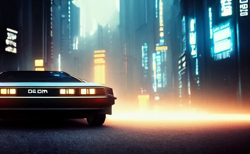 Prompt: professional photo of delorean from low angle shot, cyberpunk background, blade runner, hyperrealistic masterpiece, trending on artstation, cgsociety, kodakchrome, golden ratio, cinematic, composition, beautiful lighting, hyper detailed, sharp focus, octane render, 4 k, unreal engine