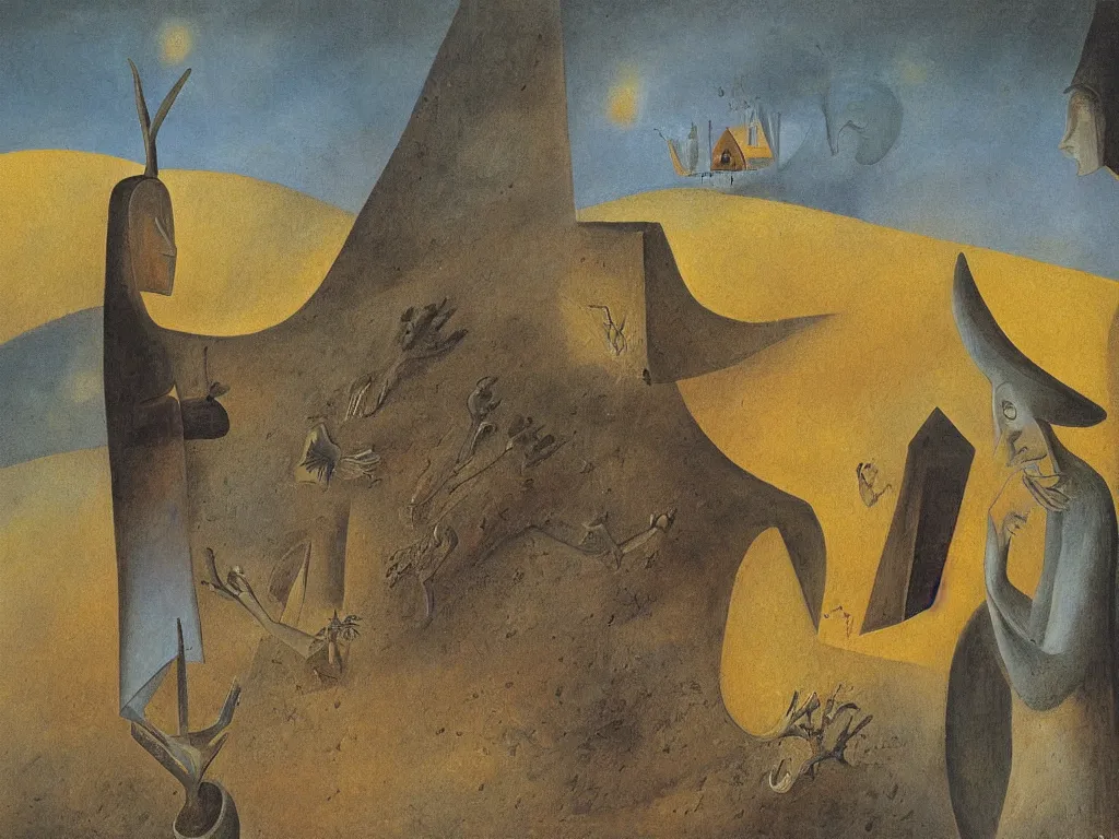 Image similar to scene with figure in the desert. painting by remedios varo