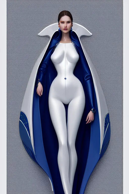Prompt: detailed beautiful noun in opened white gold blue coat, seductive confident pose, attractive feminine curves, intricate details, futuristic, alien, elegant cape, elegant, photorealism, trending on artstation, sharp, holy halo, advanced technology, art by moebius and vitaly bulgarov and chanthara