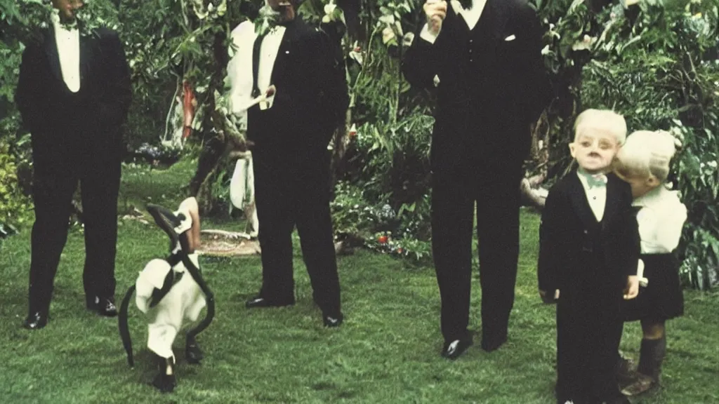 Prompt: vintage color kodak photograph of : : cthulhu in a tuxedo at a fundraising : : in a private garden