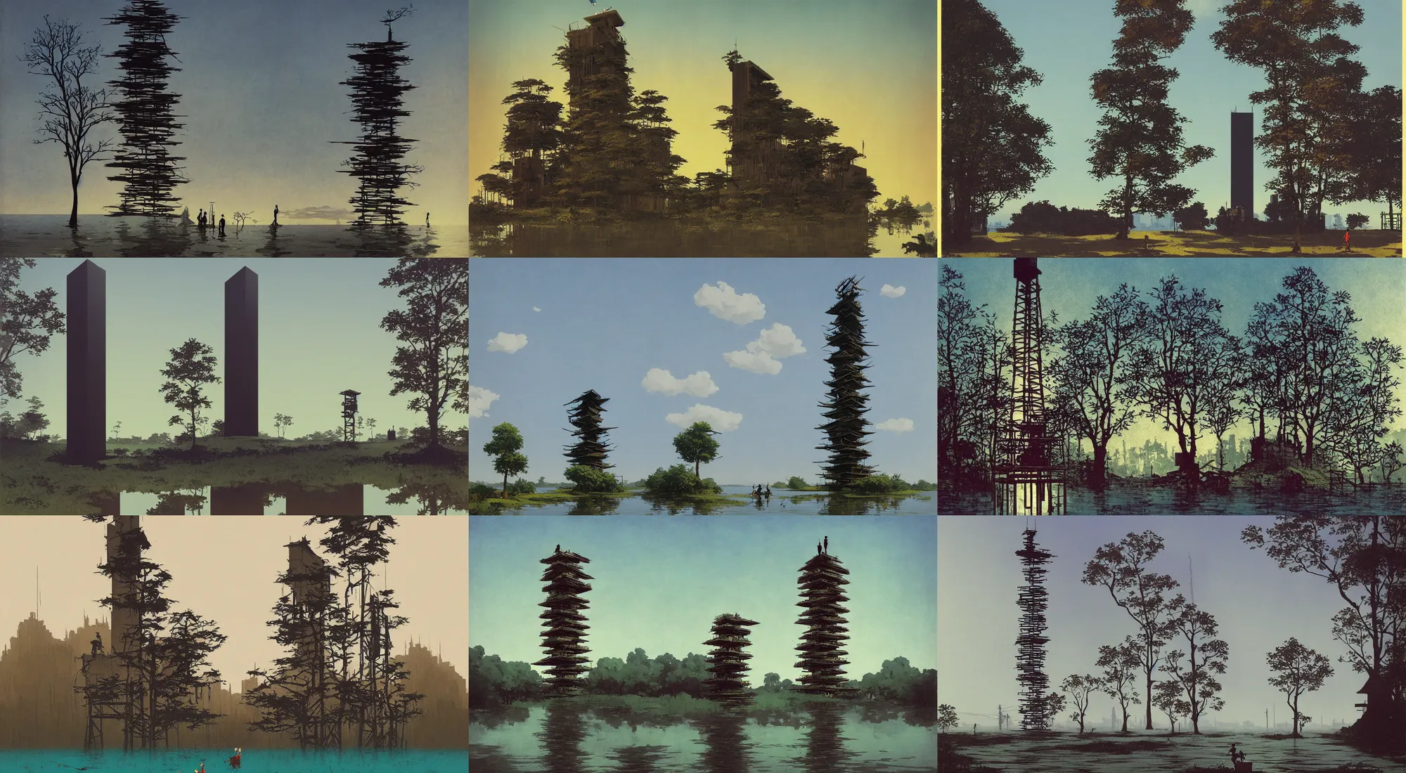 Prompt: single flooded simple wooden shinkawa tower, very coherent and colorful high contrast!! masterpiece by rene magritte simon stalenhag carl spitzweg syd mead norman rockwell edward hopper james gilleard, minimalist, dark shadows, sunny day, hard lighting, tree