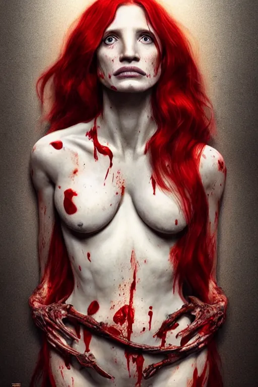 Image similar to woman skeleton covered with blood, jessica chastain face!!!, long red hair, ultra realistic, concept art, intricate details, highly detailed, 4 5 mm. photorealistic, octane render, 8 k, unreal engine. retro film still, heavy grain, 3 5 mm, art by artgerm and greg rutkowski and alphonse mucha