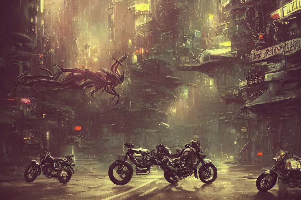Prompt: a beautiful ultradetailed fine art illustration of alien xenomorph riding a vintage classic motorcycle in a cyberpunk city road, side view, by beeple, trending in artstation, cybernetic scifi, bokeh, just after rain