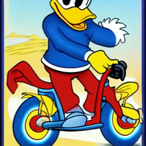 Image similar to donald duck riding a bike, in style of don rosa