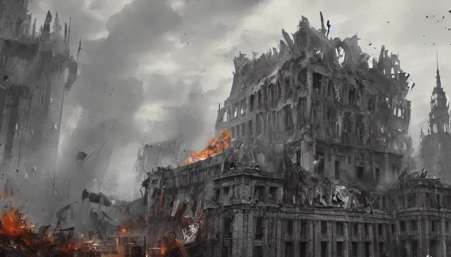 Prompt: destroyed palace of justice of brussels on fire, grey sky, debris, collapsing, hyperdetailed, artstation, cgsociety, 8 k