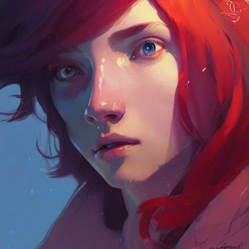 Image similar to portrait of madeline from celeste, blue bubble jacket red long hair, highly detailed, digital painting, artstation, concept art, sharp focus, illustration, art by greg rutkowski and alphonse mucha