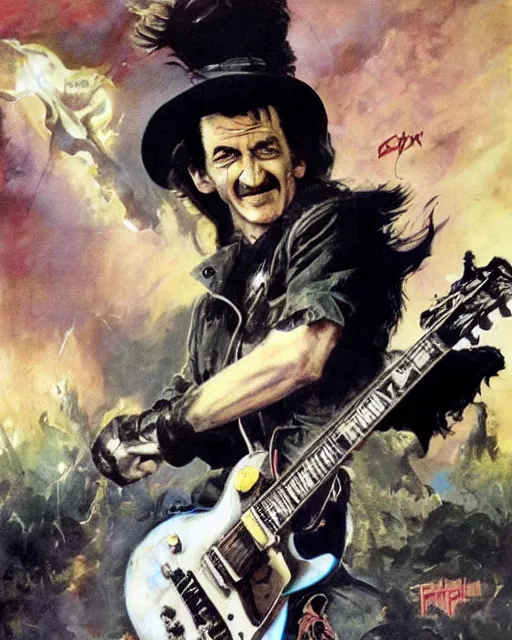 Image similar to Barry Chuckle ripping a solo on a Gibson Les Paul, heavy metal artwork by Frank Frazetta