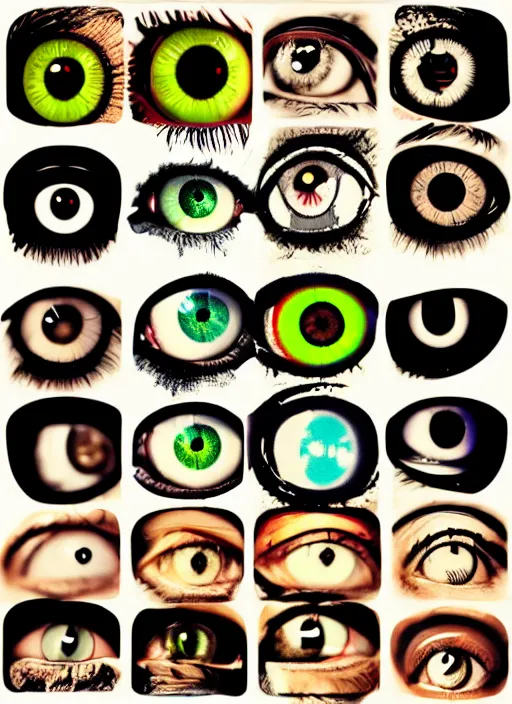 Prompt: human eyes!, black centered pupil, circle iris detailed structure, happy smiling human eyes, eyelashes, art styles mix, from wikipedia, eye relections, hd macro photographs, grid montage of shapes