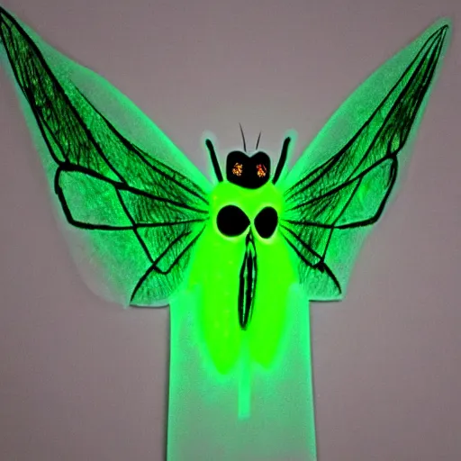 Image similar to mothman sitting in a dark room lit by green glowsticks