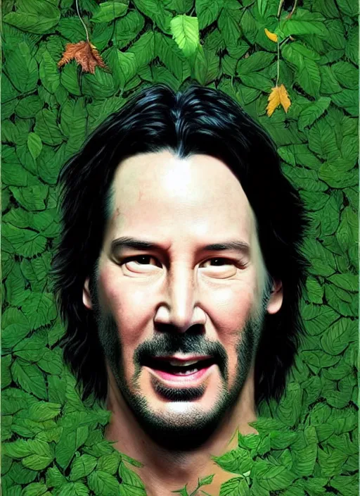 Image similar to highly detailed comedy caper movie poster with silly wacky zany keanu reeves as a sentient pile of leaves, keanu reeves green face as a sentient leafy bush by greg rutkowski, masterpiece, really funny, 1 0 / 1 0 comedy