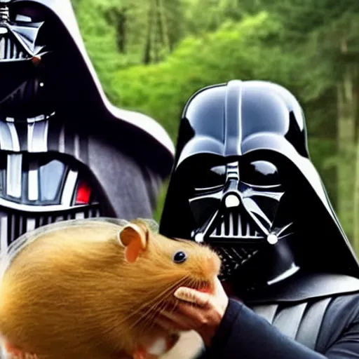 Prompt: a beautiful photo of darth vader riding on a hamster, trending on instagram