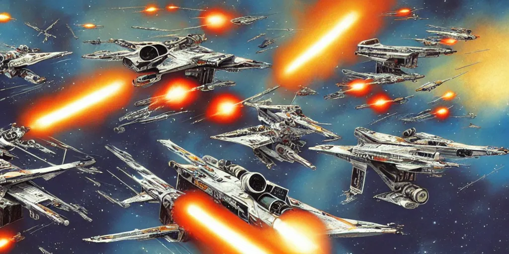 Prompt: armada of x - wing fighters, star wars, detailed, sharp focus, brush strokes, technicolor, by chris foss, craig mullins.