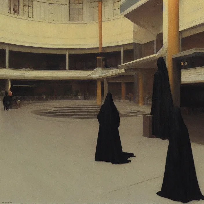 Prompt: woman in black robes, back to us, in magnificent shopping mall, artstation, art by edward hopper, zdislav beksinski, wayne barlowe, edward hopper