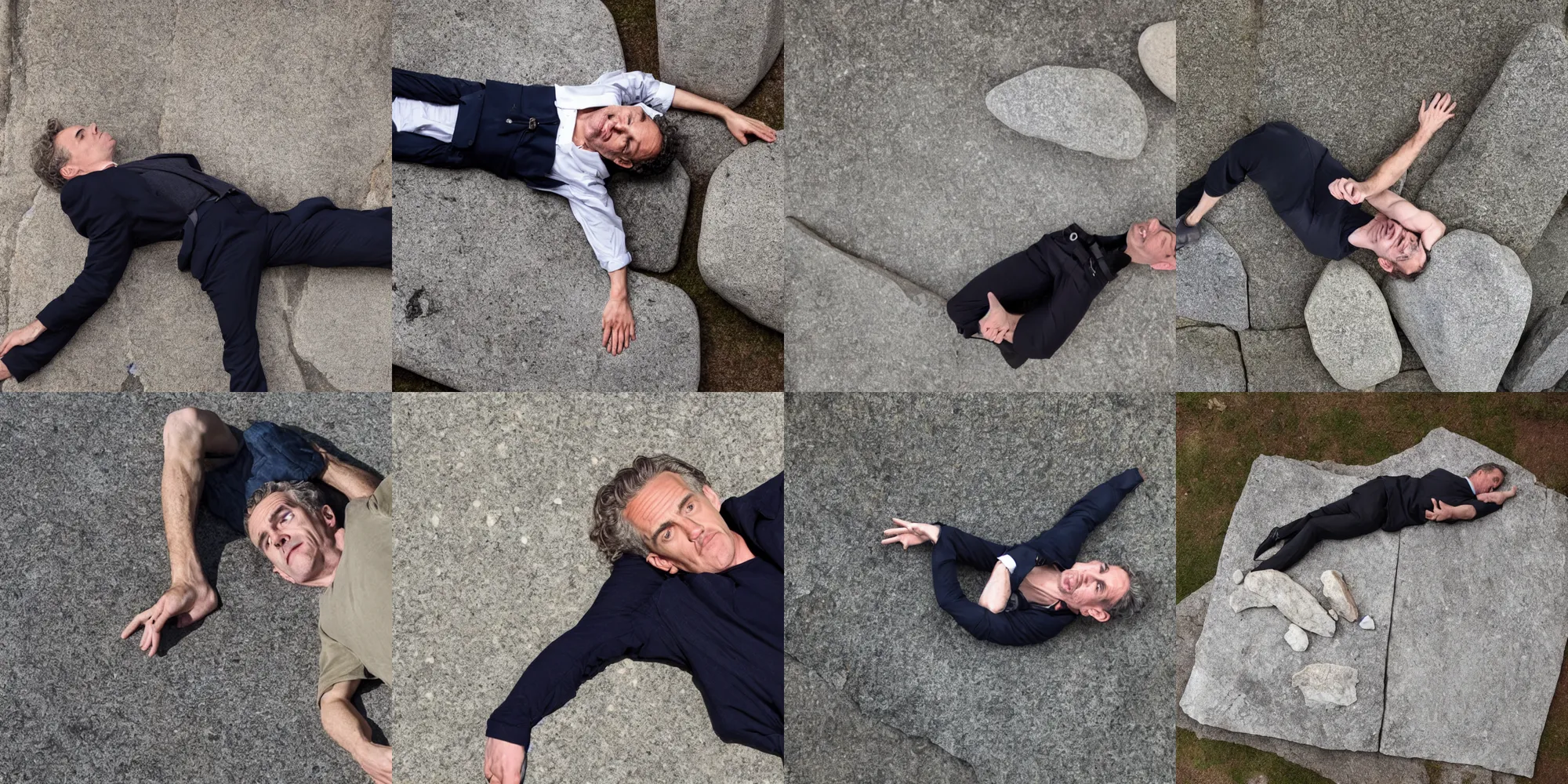 Prompt: jordan peterson lying down and struggling underneath a stone slab representing the weight of his own lies