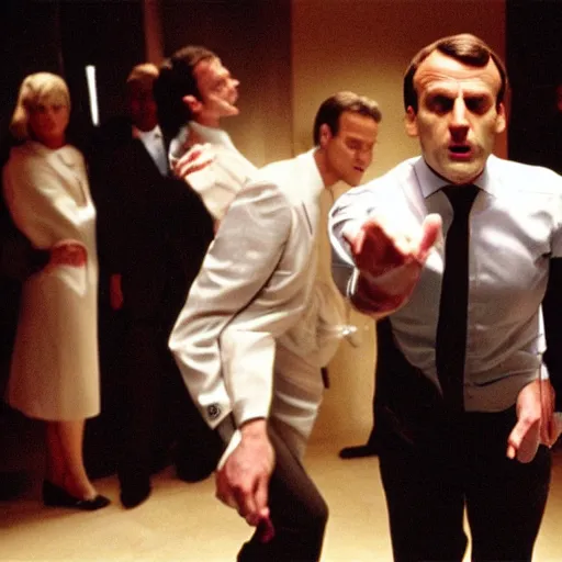 Image similar to Emmanuel Macron dancing in American Psycho (1999)