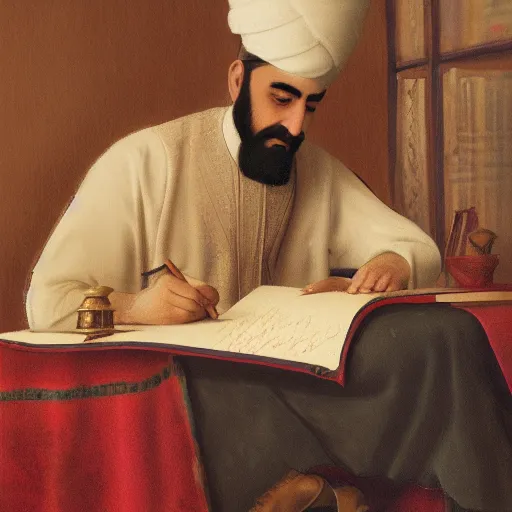 Prompt: a portrait of a qajar man writing a letter, 4 k, artstation