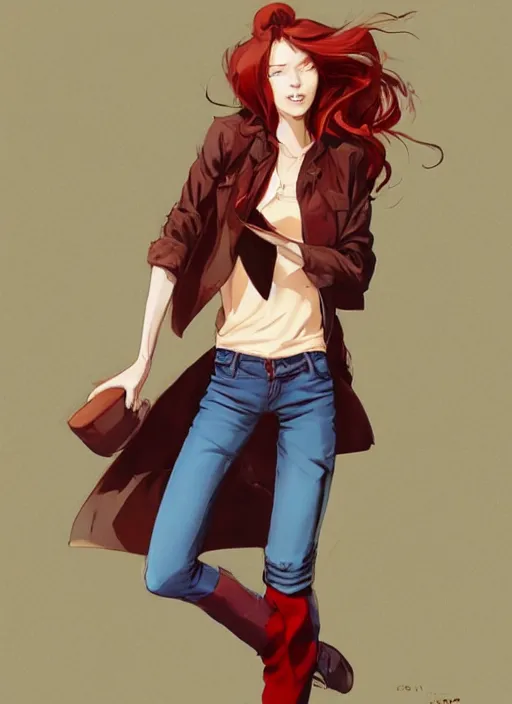 Prompt: full-body shot of an attractive tomboy girl with long, crimson red hair and red eyes, wearing a brown, open jacket and green jeans with a stern look, midriff, concept art, character design, by WLOP, by Ross Draws, by Tomine, by Satoshi Kon, by Rolf Armstrong, by Peter Andrew Jones
