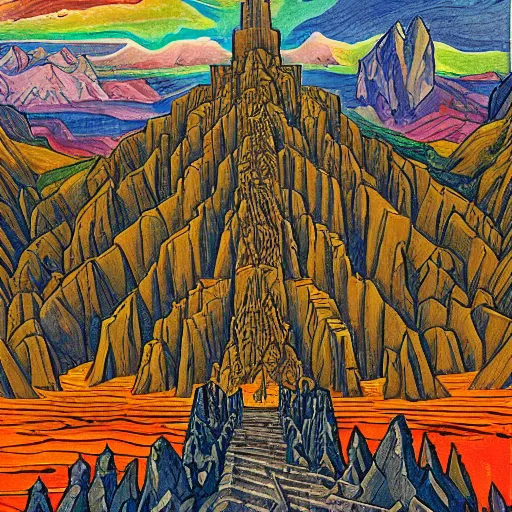 Prompt: At the top of a carved stairway of ten thousand rough hewn steps looms the ominous double mountain known only as the Iron Crag, home to the dieselpunk Dwarven megacity of Marhtlaz, by Matt Heuston and by Mike Ploog, magical fauvism