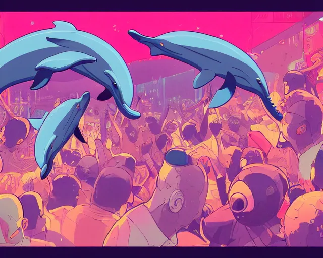 Image similar to a study of cell shaded cartoon of dolphins raving in a nightclub, illustration, wide shot, subtle colors, post grunge, concept art by josan gonzales and wlop, by james jean, Victo ngai, David Rubín, Mike Mignola, Laurie Greasley, highly detailed, sharp focus, alien, Trending on Artstation, HQ, deviantart, art by artgem