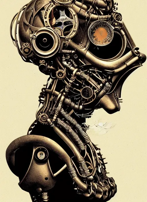 Prompt: portrait of a steampunk robot woman in 1900s by Victor Moscoso, biomechanical, hyper detailled, trending on artstation