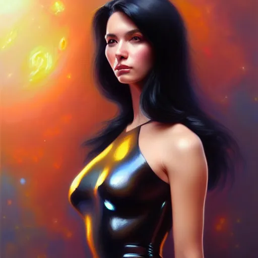 Image similar to a portrait of a very beautiful woman in a spacesuit, Alexandria\'s genesis, shoulder-length black hair, bored, illustration, soft lighting, soft details, painting oil on canvas by mark arian by artgerm, trending on artstation, 4k, 8k, HD