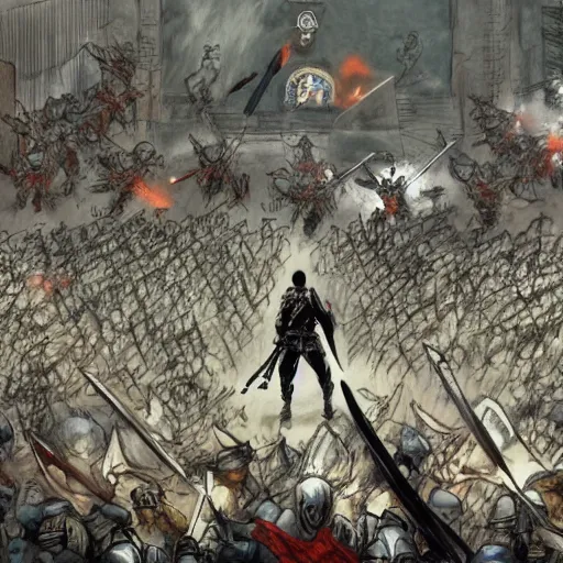 Image similar to one hero with sword looking at army of swordsmen in the background, in the middle of an arena, crowd of people, pencil art, straight, clear, added detail, high definiton, colored, backfacing, by yoji shinkawa