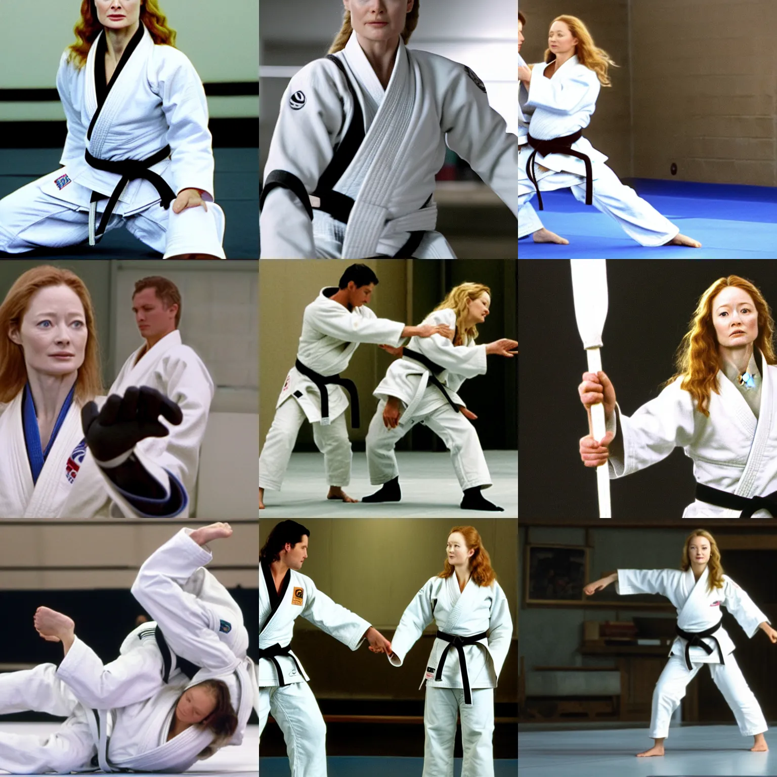 Prompt: Eowyn (Miranda Otto) as a judo black belt, wearing a white gi, in a dojo