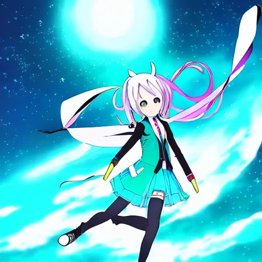 Prompt: pixiv artwork of hatsune miku flying through the night sky