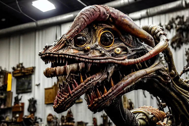 Image similar to wide angle photo taken of an epic intricate, ultra detailed, super realistic gritty, hero prop, exquisitely weathered animatronic movie prop of a lifelike sculpture of a nightmarish hellish alien creature displayed in the workshop, created by weta workshop, full body shot, photorealistic, sharp focus