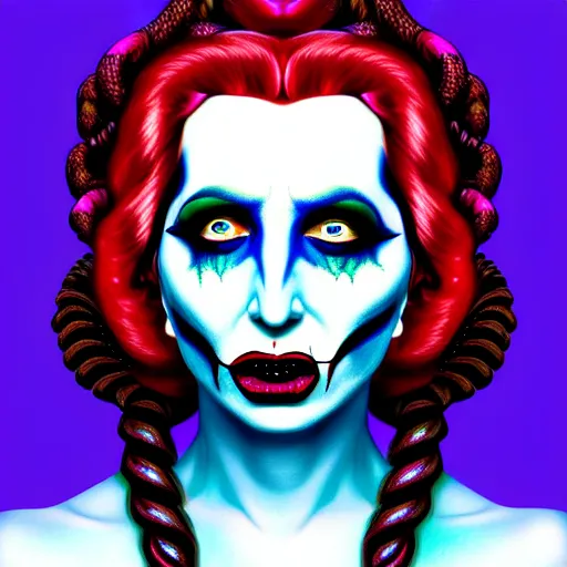 Image similar to an extremely psychedelic portrait of medusa as marilyn manson, surreal, lsd, face, detailed, intricate, elegant, lithe, highly detailed, digital painting, artstation, concept art, smooth, sharp focus, illustration