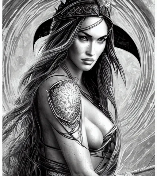 Image similar to portrait of megan fox as beautiful aphrodite goddess as an archer, arrow crown, beautiful piercing eyes, flowing blonde hair, realistic face, black and white drawing, in the style of greg rutkowski, fantasy, amazing detail, epic, intricate, elegant, smooth, sharp focus