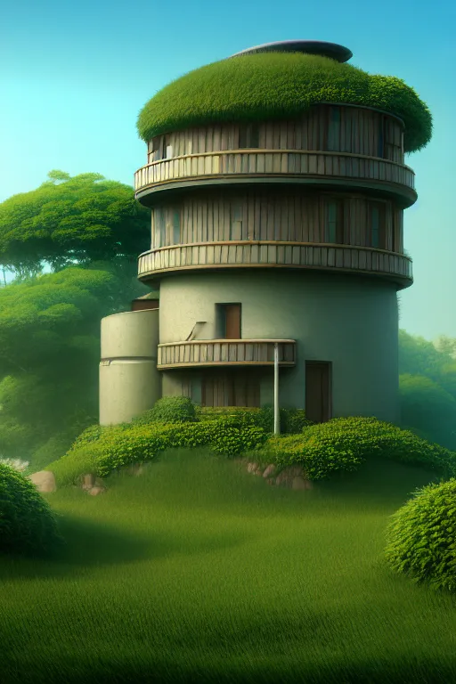 Image similar to cylindrical house, solarpunk, studio ghibli, jean - baptiste monge, octane render, 4 k