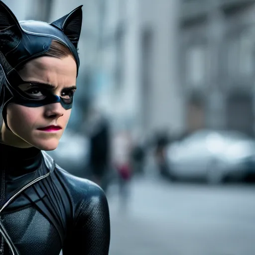 Image similar to Emma Watson as Catwoman, Sony A7R III, 1/2000sec at f/5.6, ISO 1600, 90mm, 8K, RAW, symmetrical balance, Dolby Vision, Aperture Priority