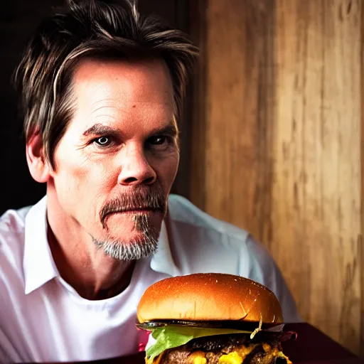 Image similar to kevin bacon profile portrait eating bacon burger soda fries, award winning food photography