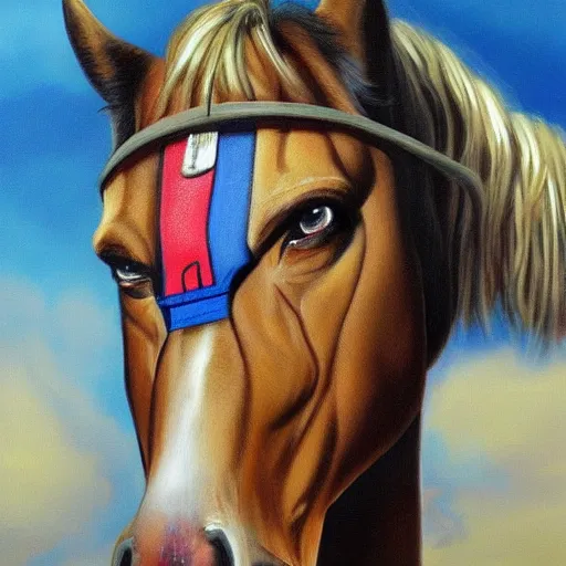 Image similar to nic cage fused with a horse, buff, painted portrait, highly detailed,