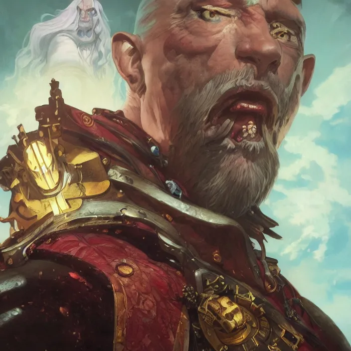 Image similar to beautiful illustrated portrait of a mad psyker from warhammer 40k, painted, 4k artwork, trending on artstation, octane render, art by artgerm and greg rutkowski and alphonse mucha and craig mullins and James Jean and Andrei Riabovitchev and Marc Simonetti and peter mohrbacher