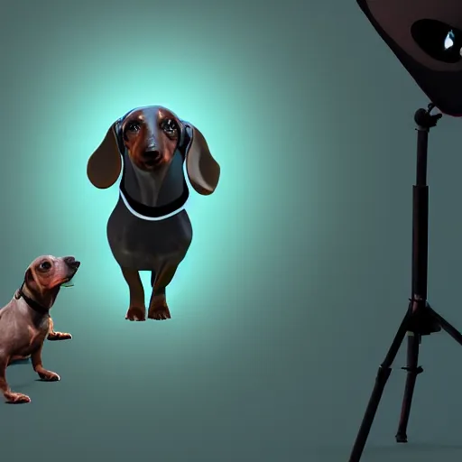 Image similar to dachshund dog wearing vr headset and htc vive trackers recording motion capture, artstation, eerie lighting, cyberpunk