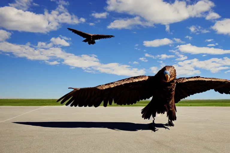 Image similar to giant eagle, alec baldwin flying, blue sky, photo